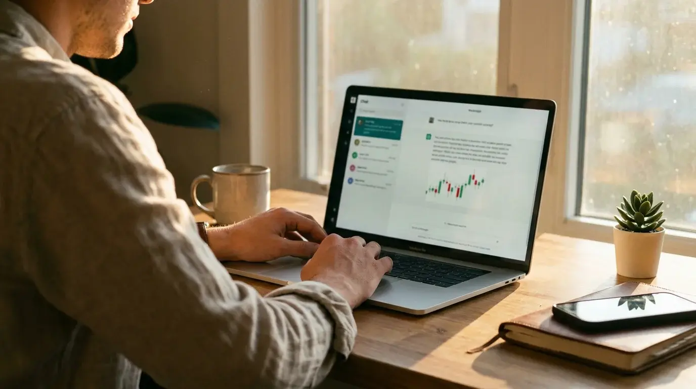 Golden-hour over-the-shoulder shot of a trader at a wooden desk, laptop open with a minimal chat interface showing an uploaded candlestick chart and an AI response
