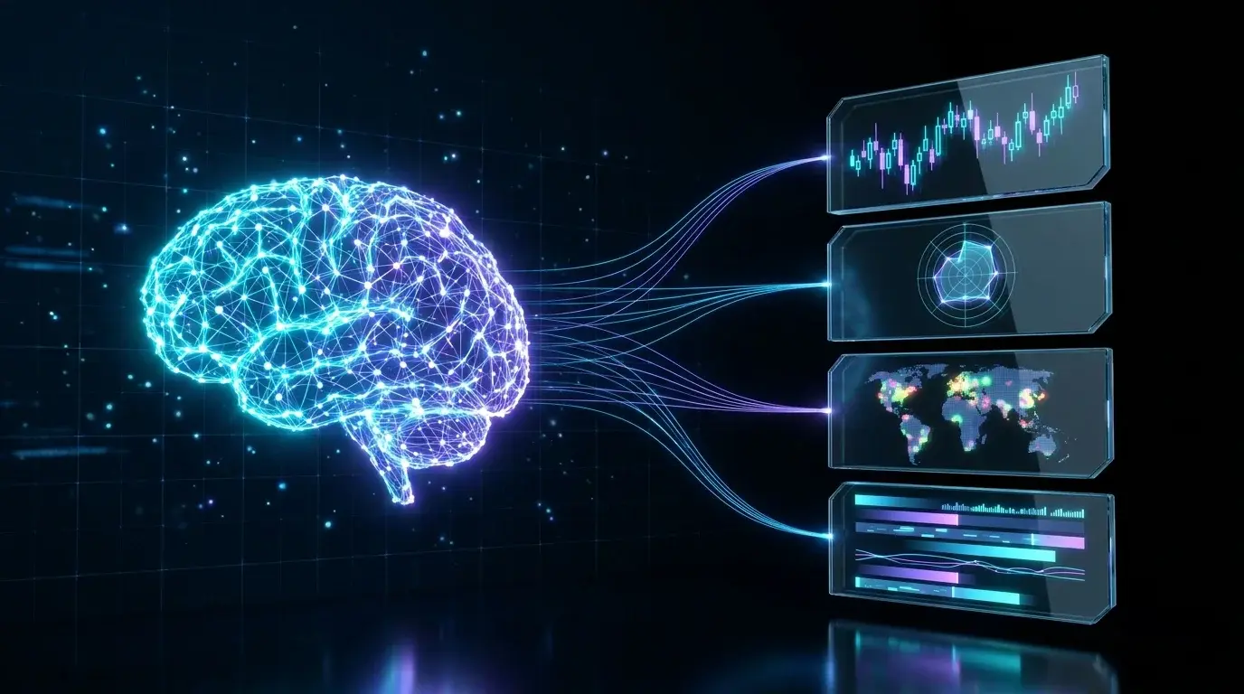 Sci-fi schematic of a glowing AI brain feeding four data panels â€” candlestick chart, currency strength radar, world heatmap, and news feed â€” the modern AI forex stack