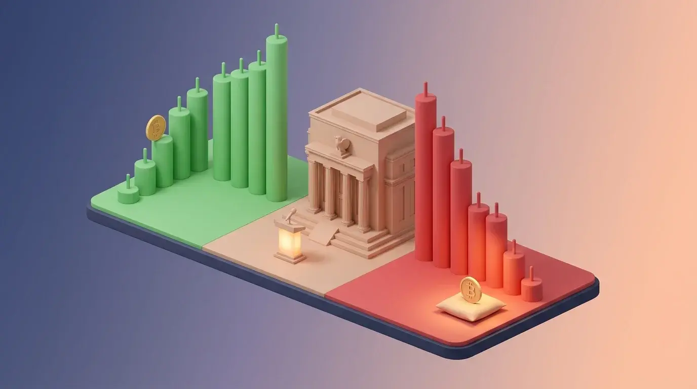 Isometric 3D timeline of a Bitcoin FOMC day â€” green staircase of rising candles, a miniature Fed building with press-conference podium in the middle, and a dramatic red candle drop on the right
