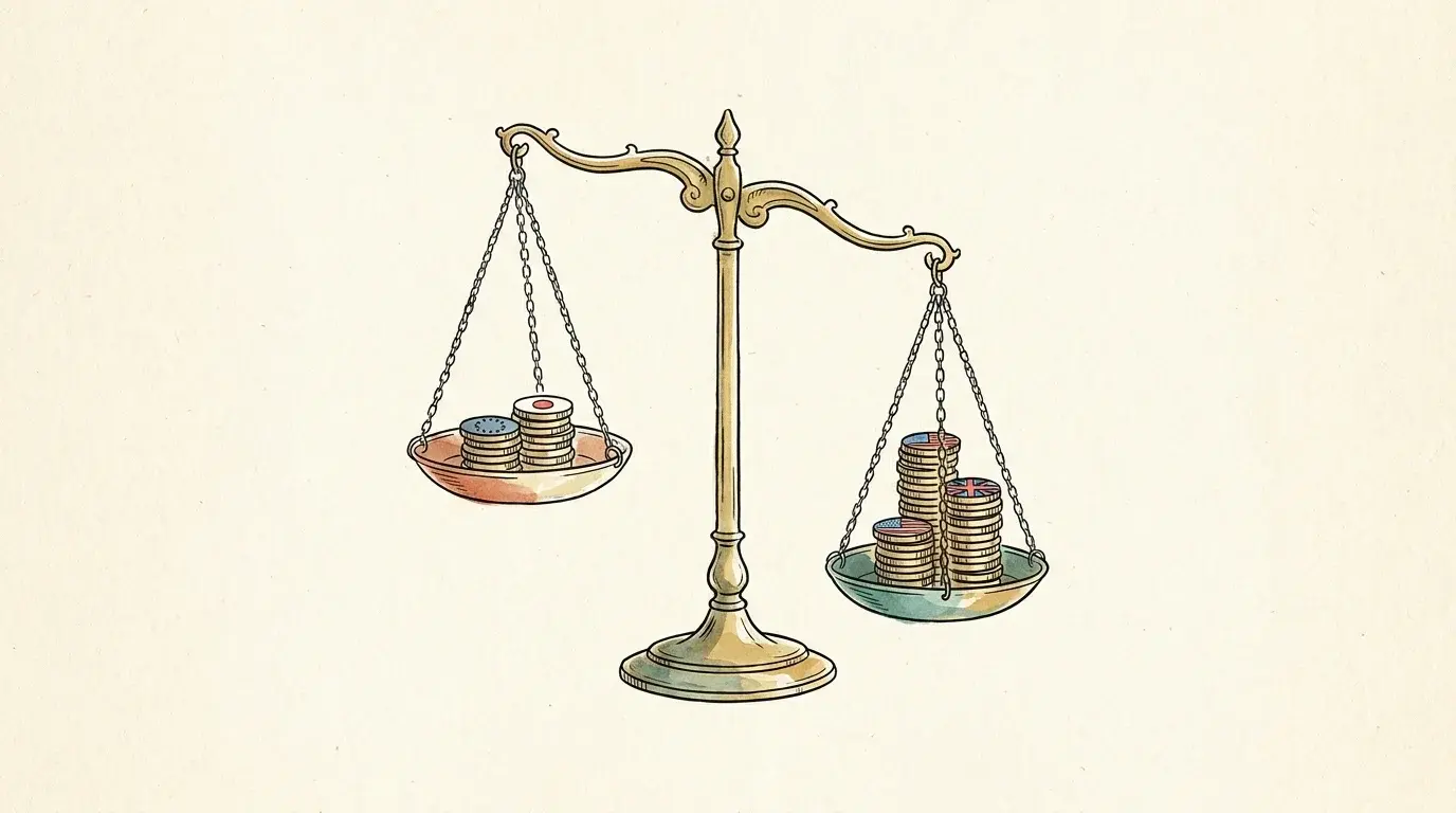 Hand-drawn editorial illustration of brass merchant scales weighing coin stacks â€” USD and GBP on the heavier side against EUR and JPY â€” the core strong-versus-weak pairing idea