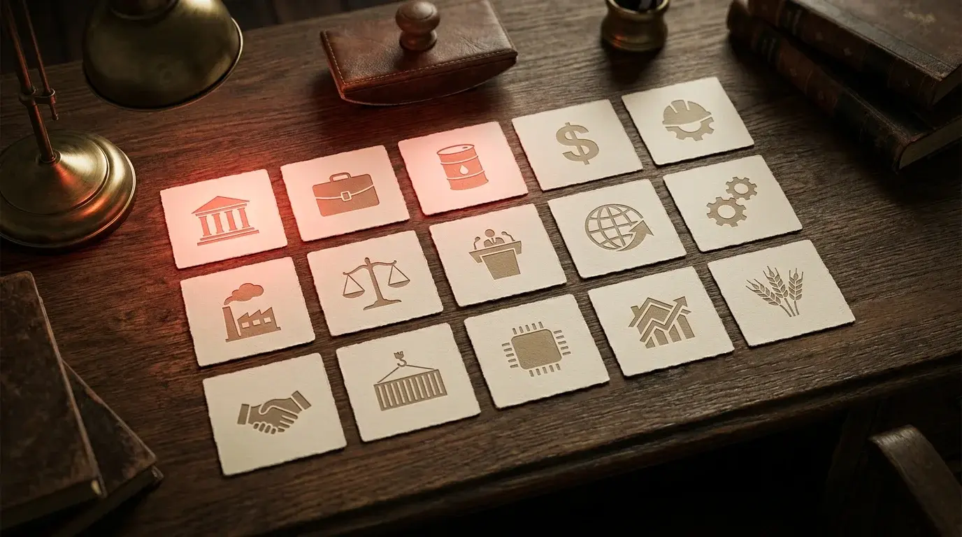 Editorial flat-lay of 15 embossed icon cards representing the highest-impact macro events â€” central-bank, jobs, oil, CPI, elections â€” arranged like a scoreboard
