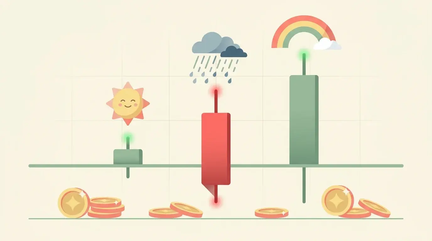 Flat-vector illustration of three NFP-day candles â€” a small prep candle, a tall red miss candle, and a long green recovery candle â€” with sun, rain-cloud, and rainbow icons representing beat, miss, and in-line scenarios