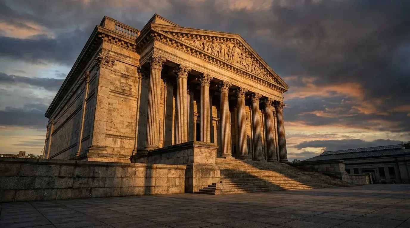 Dramatic low-angle photograph of a classical central-bank style stone building facade with tall columns in golden late-afternoon light