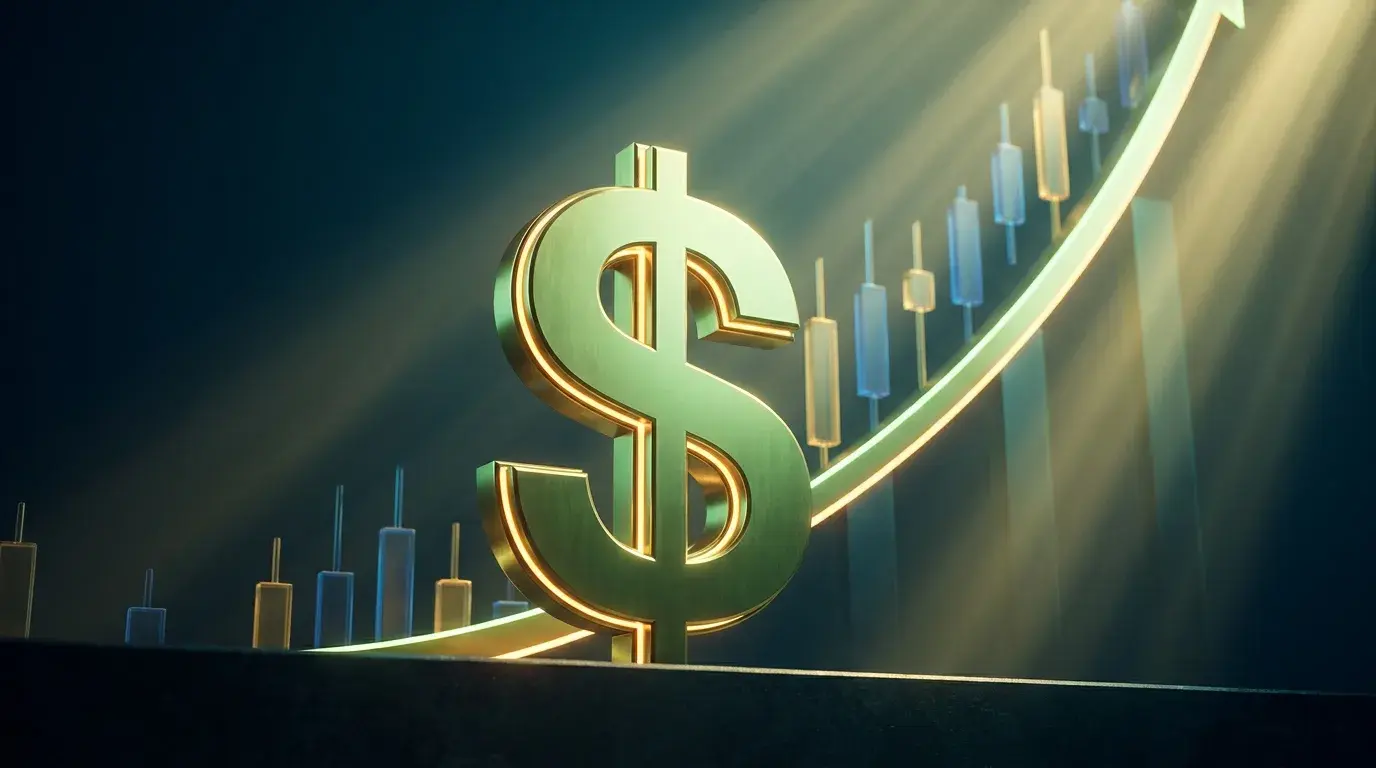 A glowing US dollar emblem rising in front of a strong upward-sloping chart, representing dollar strength in 2026
