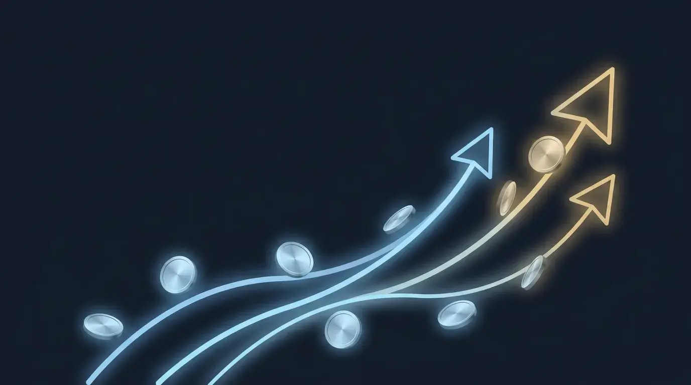 Abstract diagram of glowing arrows carrying capital from a dim low-yield side toward a bright high-yield side, illustrating the carry trade