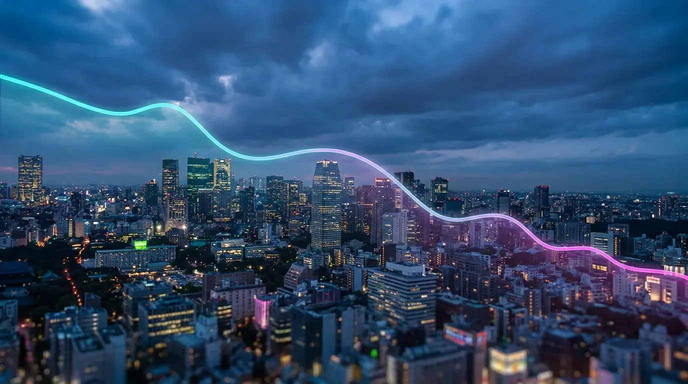 Tokyo skyline at dusk with a translucent downward-trending glowing chart overlaid across the twilight sky