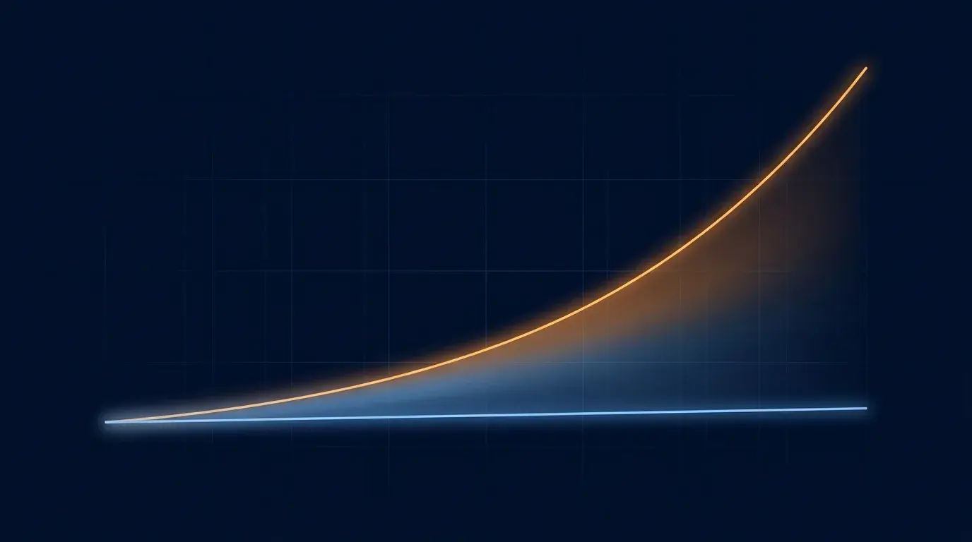 Minimalist diagram of two interest-rate lines diverging: a low flat line and a rising line opening a wide glowing gap, representing the US–Japan rate differential