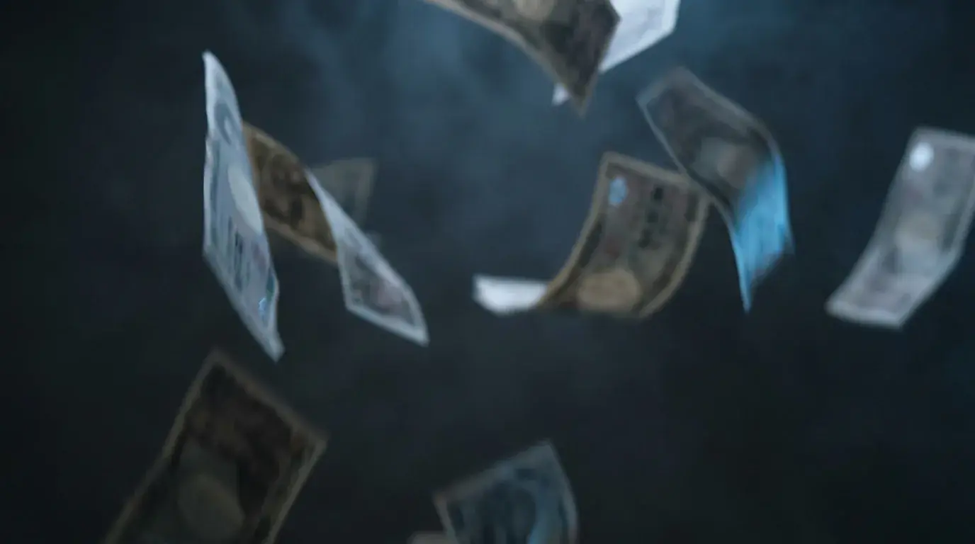 Editorial photograph of Japanese yen banknotes with a subtle downward motion blur, suggesting a falling currency