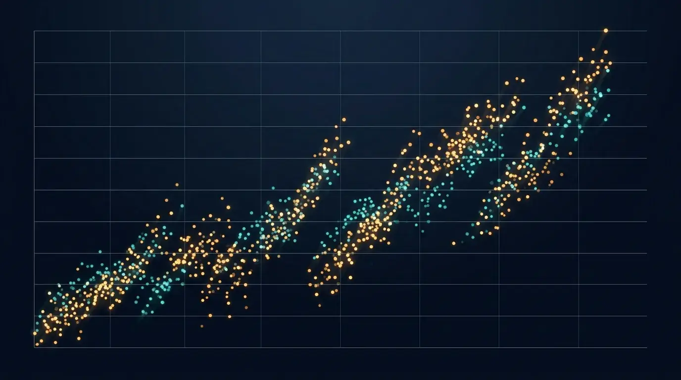 Abstract dot-plot concept: many small glowing dots scattered and clustered on a dark navy grid, drifting upward toward the top right
