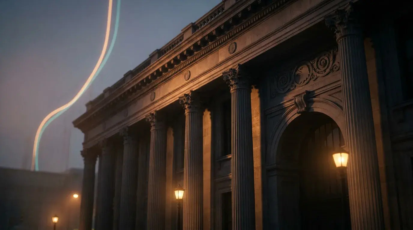 A neoclassical central-bank building facade in dramatic dusk light with a subtle hawk motif and a glowing rate-path line rising in the background