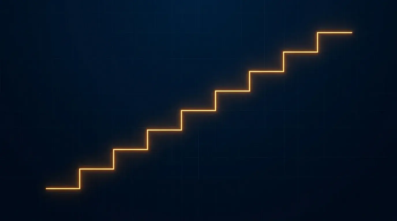 Minimalist diagram of an ascending staircase drawn from a single glowing line, representing a rising interest-rate path against a dark navy background