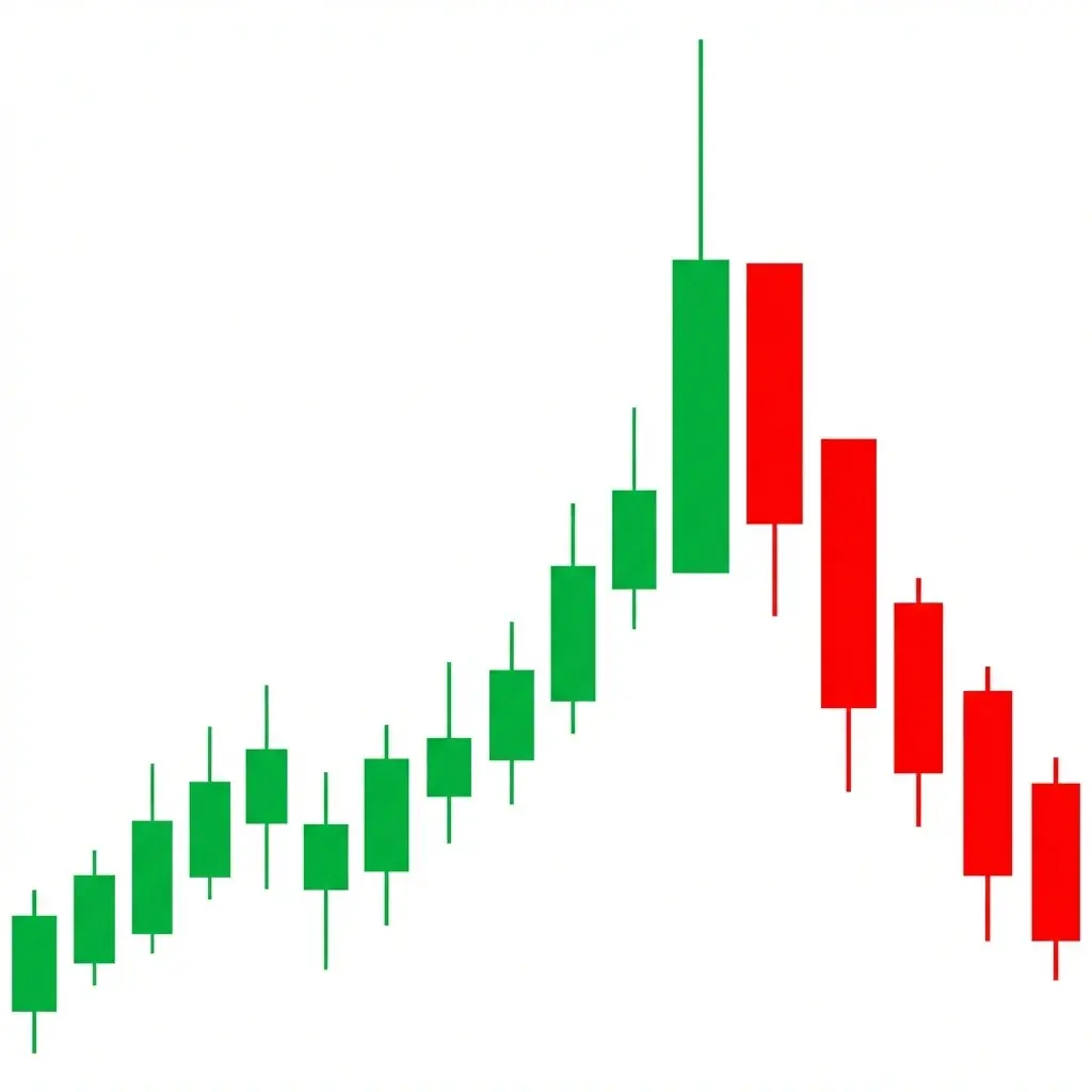 Bearish climax reversal pattern showing euphoric rally immediately followed by aggressive selling reversal on the same session