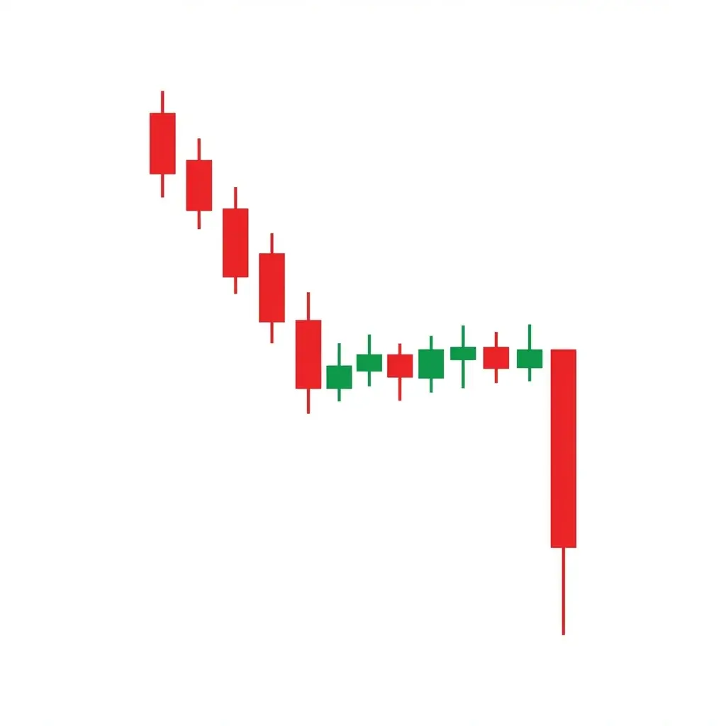 Wyckoff bearish redistribution pattern showing a mid-trend consolidation during a downtrend where institutions add to short positions before the next markdown leg lower