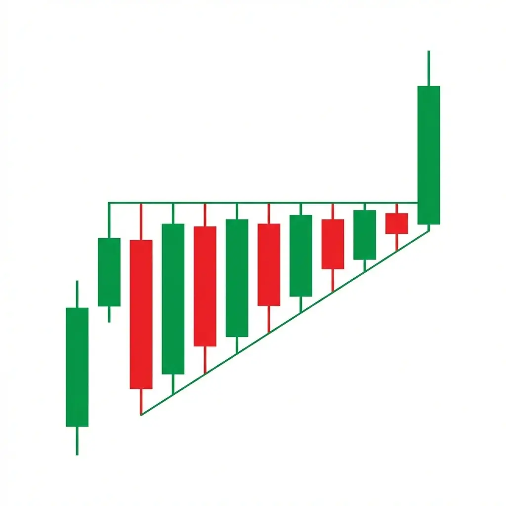 Ascending triangle chart pattern with a flat horizontal resistance level and rising lower trendline showing higher lows before an upside breakout