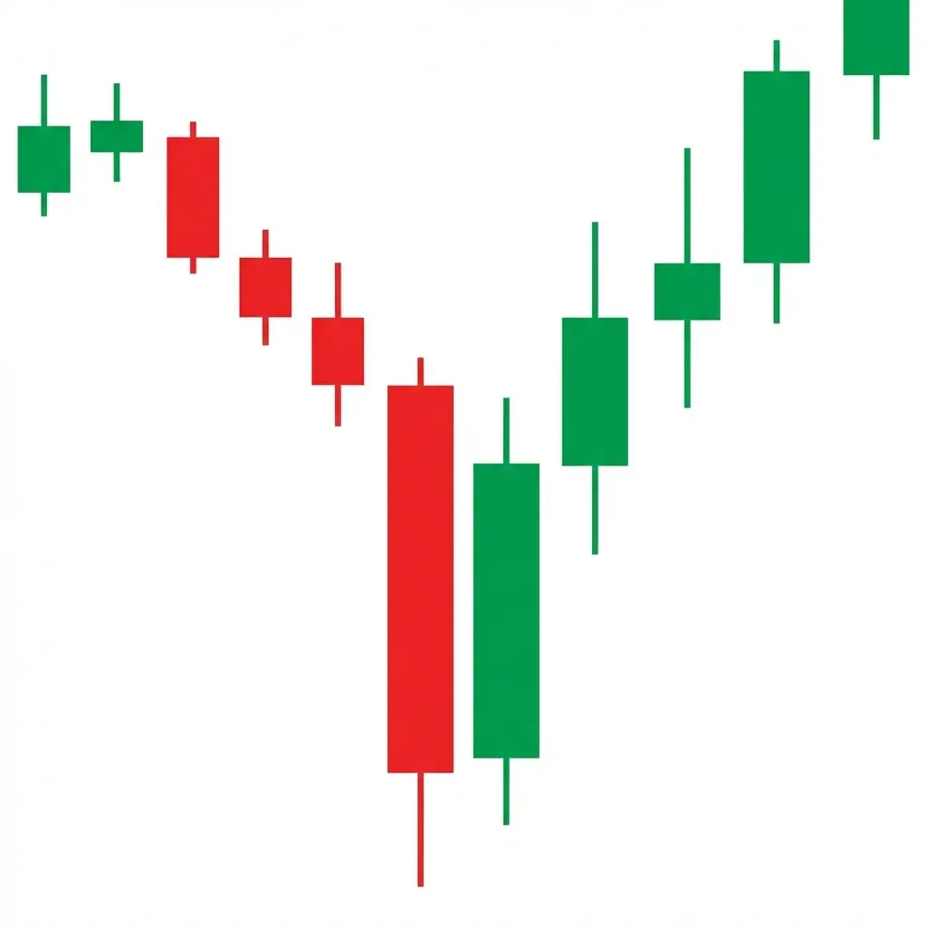 Bullish climax reversal pattern showing extreme sell-off immediately followed by aggressive buying reversal on the same session