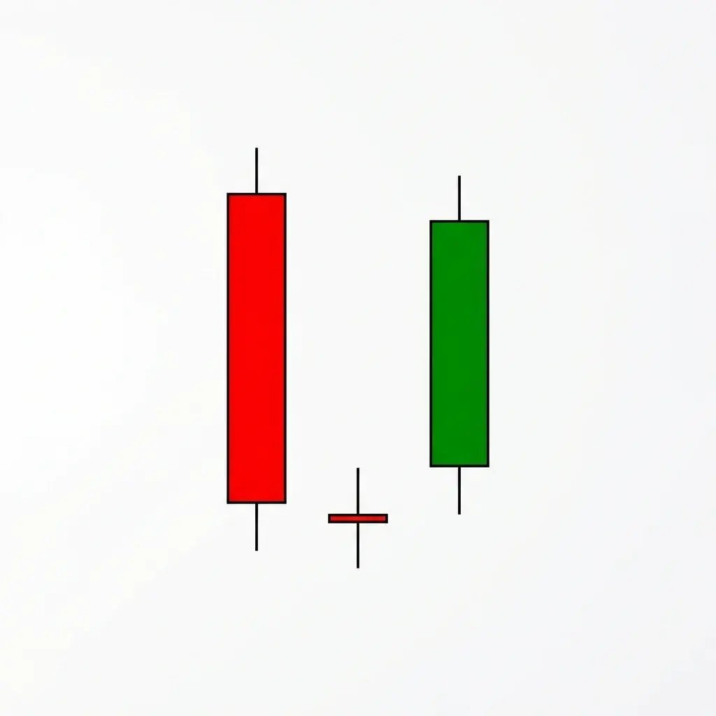 Morning doji star bullish reversal pattern with a bearish candle, a doji showing complete indecision, and a strong bullish candle