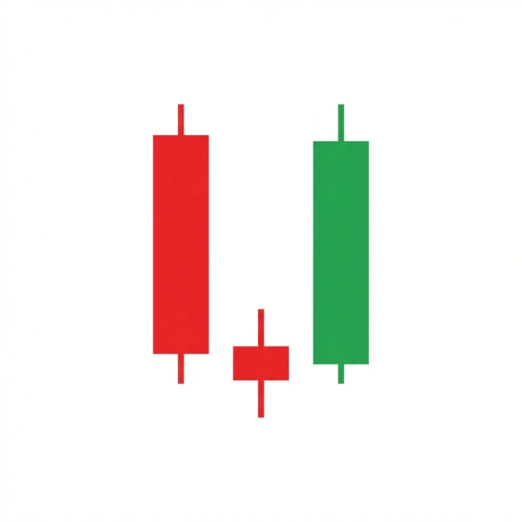 Morning star three-candle bullish reversal pattern with a large bearish candle followed by a small-bodied candle and a large bullish candle