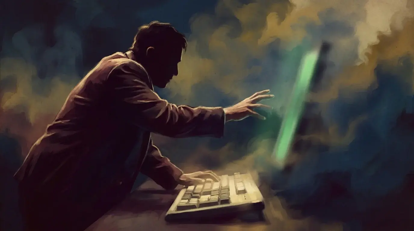 Painterly illustration of a trader lunging forward at a keyboard as a green candle accelerates past them into fog, their hand outstretched but just missing the move