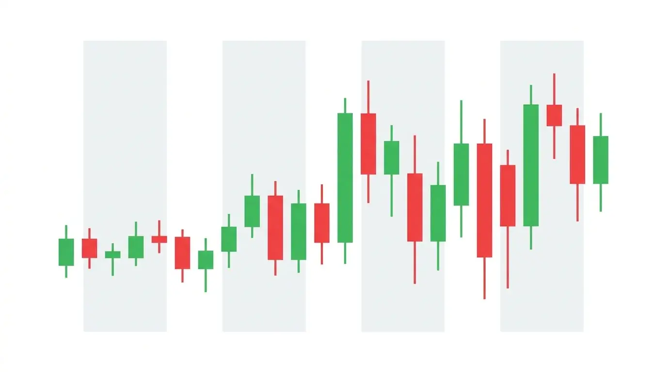 Stylized 24-hour intraday candlestick sequence with four shaded vertical bands marking the Sydney, Tokyo, London, and New York forex sessions