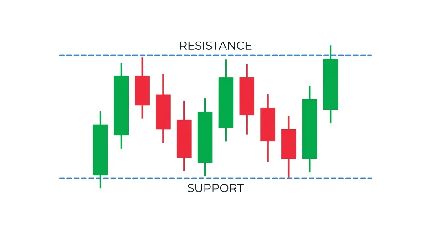 Minimalist educational chart diagram showing a candlestick sequence ranging between horizontal blue dashed support and resistance lines, white background, flat green and red candles