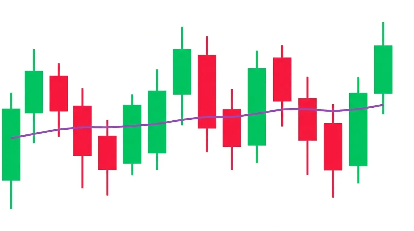 Intraday candlestick chart with a purple VWAP line weaving through the session, candles pulling back to the line and bouncing as intraday support