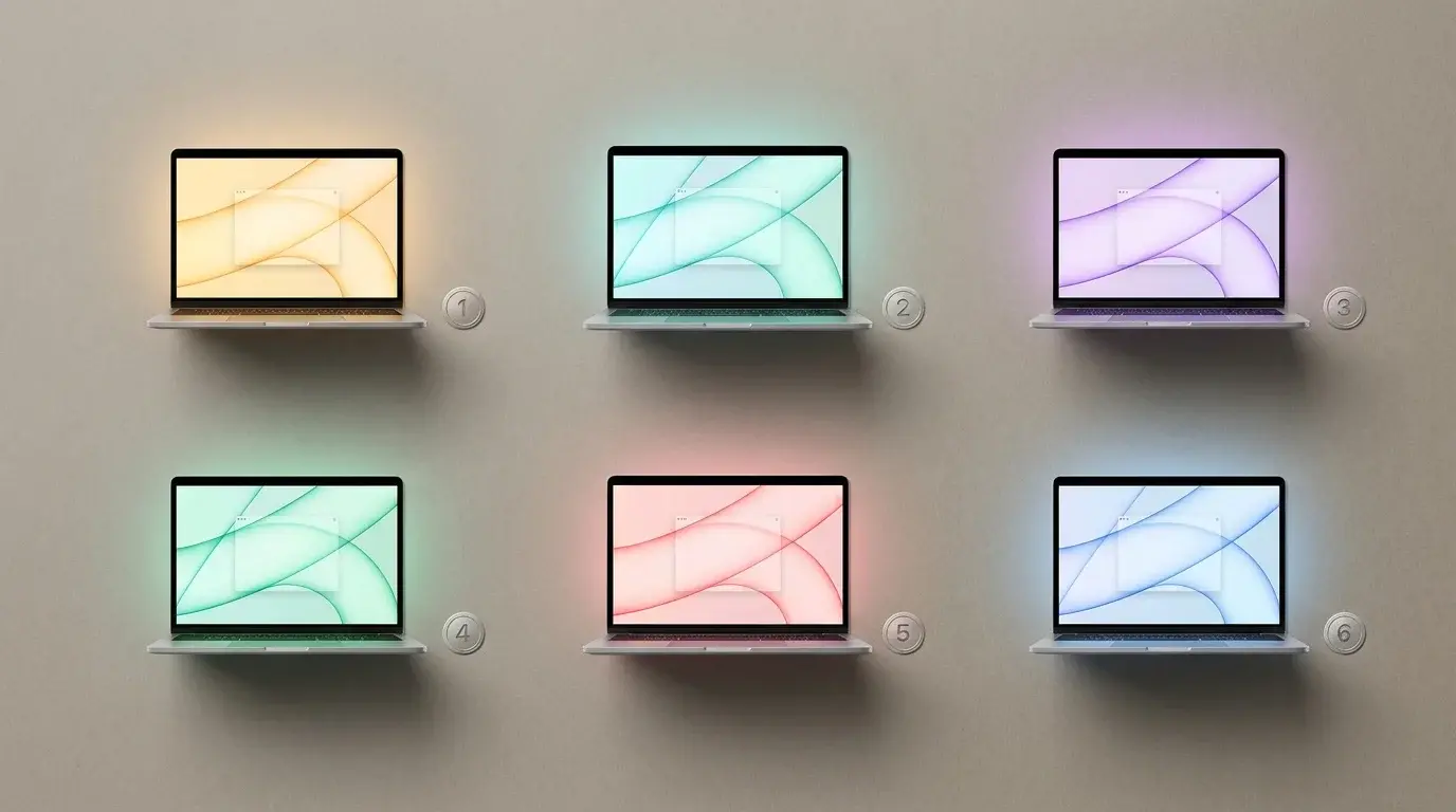 Overhead product-review flat-lay of six identical laptops arranged in two rows of three, each screen glowing a different accent color — the side-by-side comparison lineup