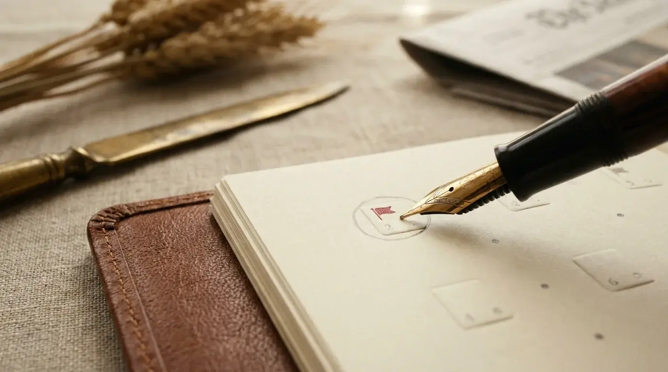 Close-up of a fountain pen circling a single date on a leather planner marked with a tiny red-flag icon — focusing the calendar week on the few events that actually matter