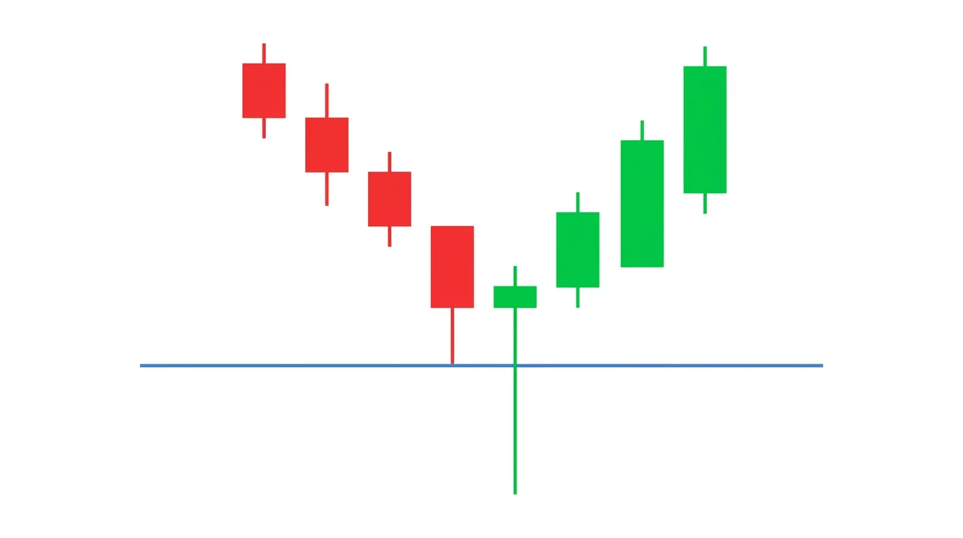 Chart diagram of a bullish pin bar rejection entry showing a long lower wick piercing support, a small green body, and a green entry arrow above the close with a red stop-loss line below the wick