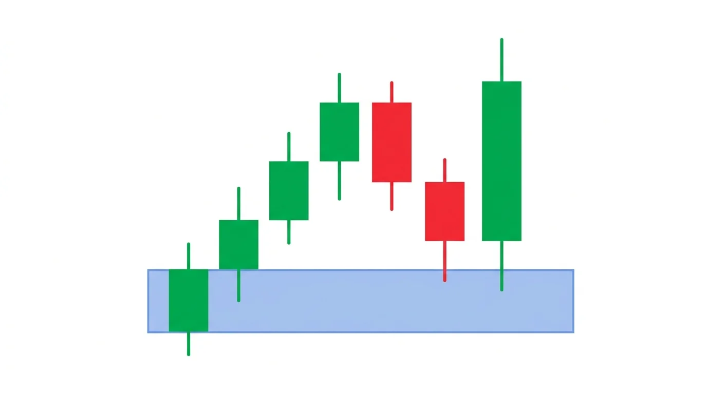 Chart diagram of a bullish order block tap with price retracing into the last bearish candle before an impulsive up-move, a green rejection candle forming inside the block, entry arrow, and stop below the block low