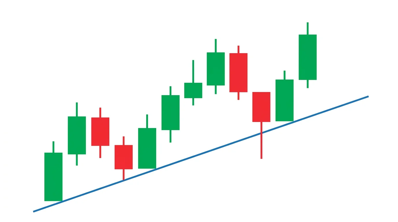 Chart diagram of an ascending trendline bounce entry with three confirmed touches, price retesting the line a fourth time, a green rejection candle forming on the line, entry arrow, and stop below the trendline