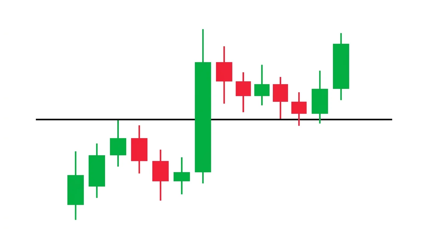 Chart diagram of a level flip entry where horizontal resistance breaks to the upside, price consolidates above it, returns to test it as support days later, a green rejection candle forms, and the entry arrow fires with stop below the flip low
