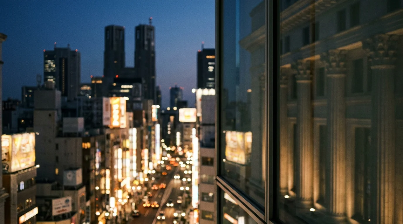 Tokyo Shinjuku neon-lit skyline at night overlaid with the classical marble columns of the Federal Reserve — the two poles of the USD/JPY pair