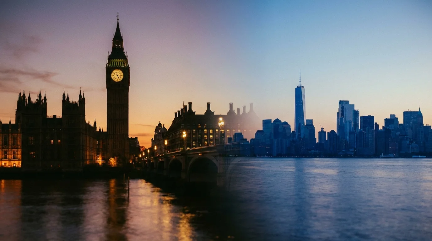 Big Ben and the Thames at dusk with a distant Manhattan silhouette ghosted into the sky — the two financial capitals behind GBP/USD