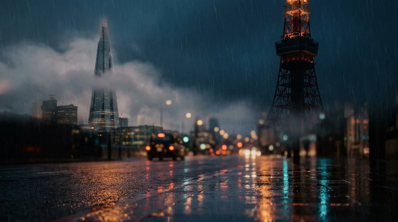 Rain-slick night scene of The Shard in London reflected against Tokyo Tower in the distance — the twin skylines behind the high-volatility GBP/JPY pair