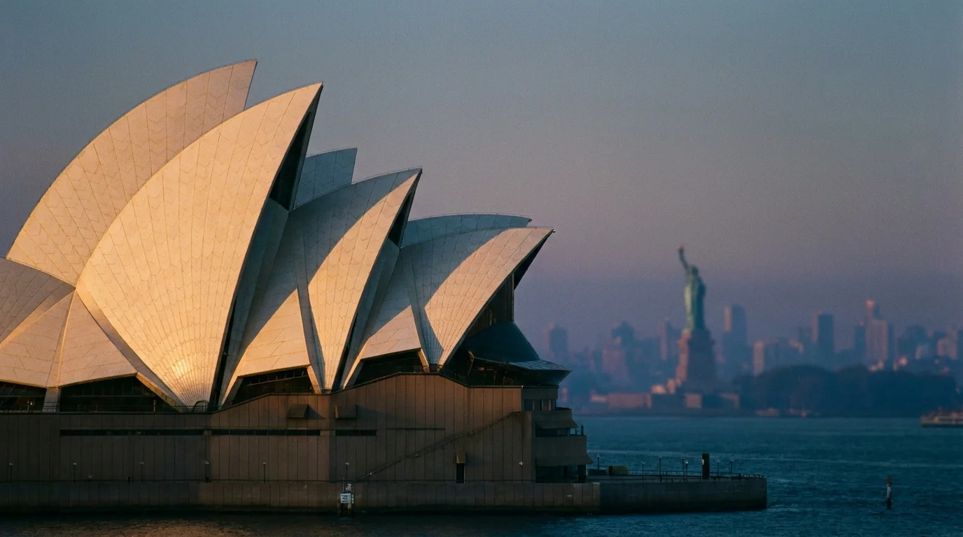 Sydney Opera House at blue hour in the foreground with a distant Statue of Liberty silhouette in the haze — the Pacific-meets-Atlantic duality of the AUD/USD pair