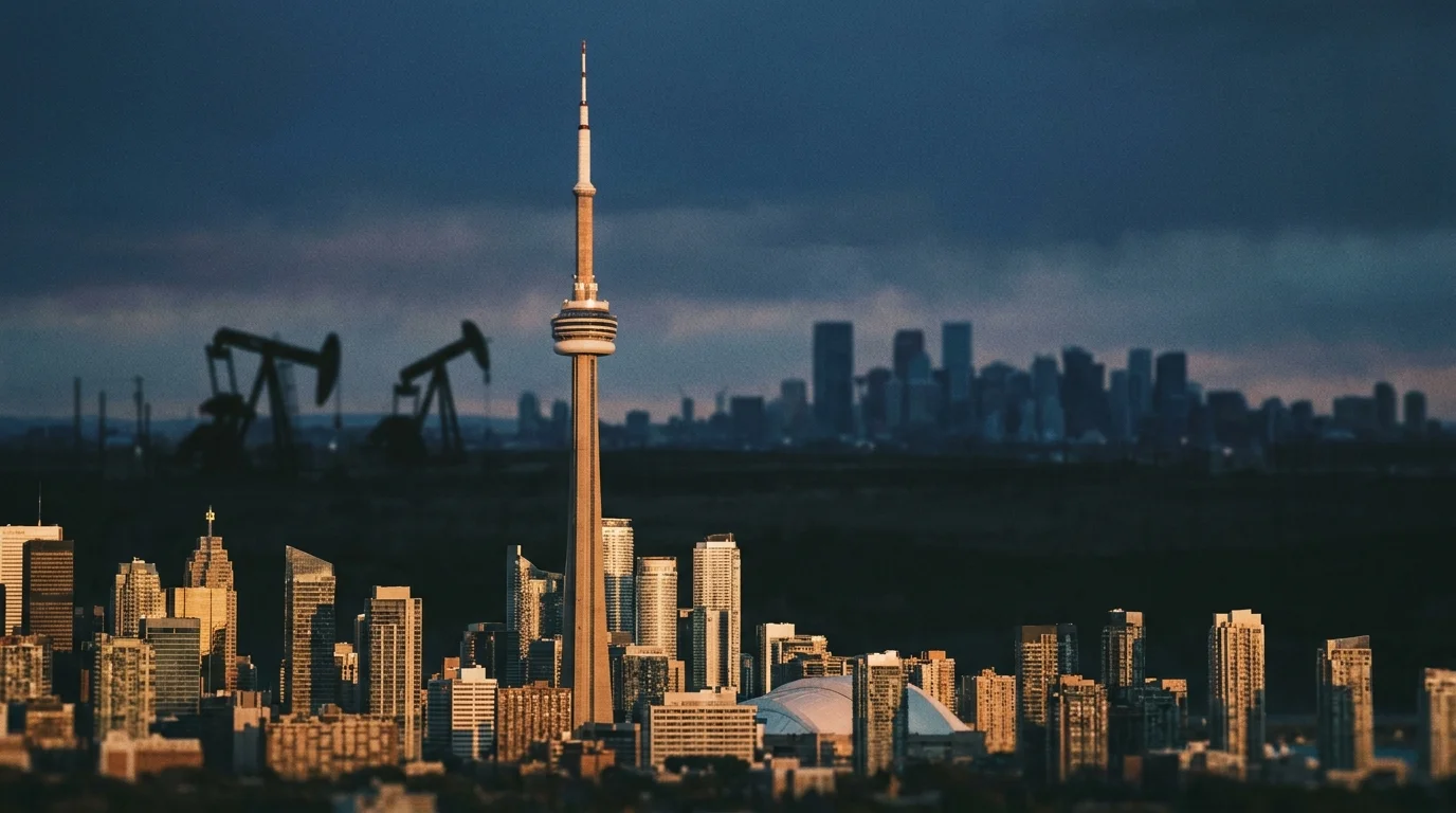 Toronto's CN Tower in sharp focus with a silhouetted Calgary oil-field pumpjack lineup in the distance — Canada's two economic engines that drive USD/CAD