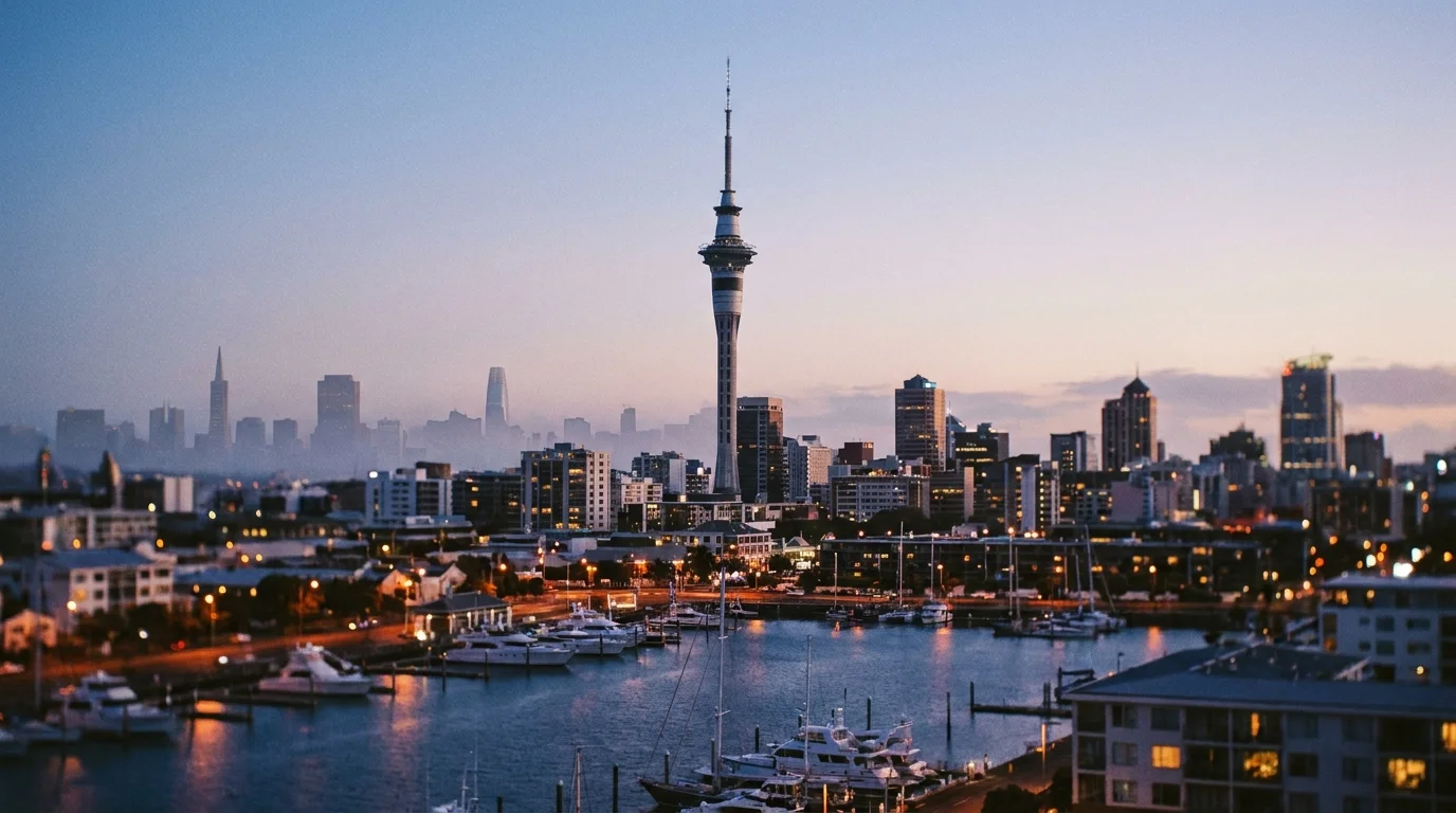 Auckland's Sky Tower at sunset with a ghosted San Francisco Bay Bridge silhouette bridging the horizon — the two Pacific anchor points of the NZD/USD pair