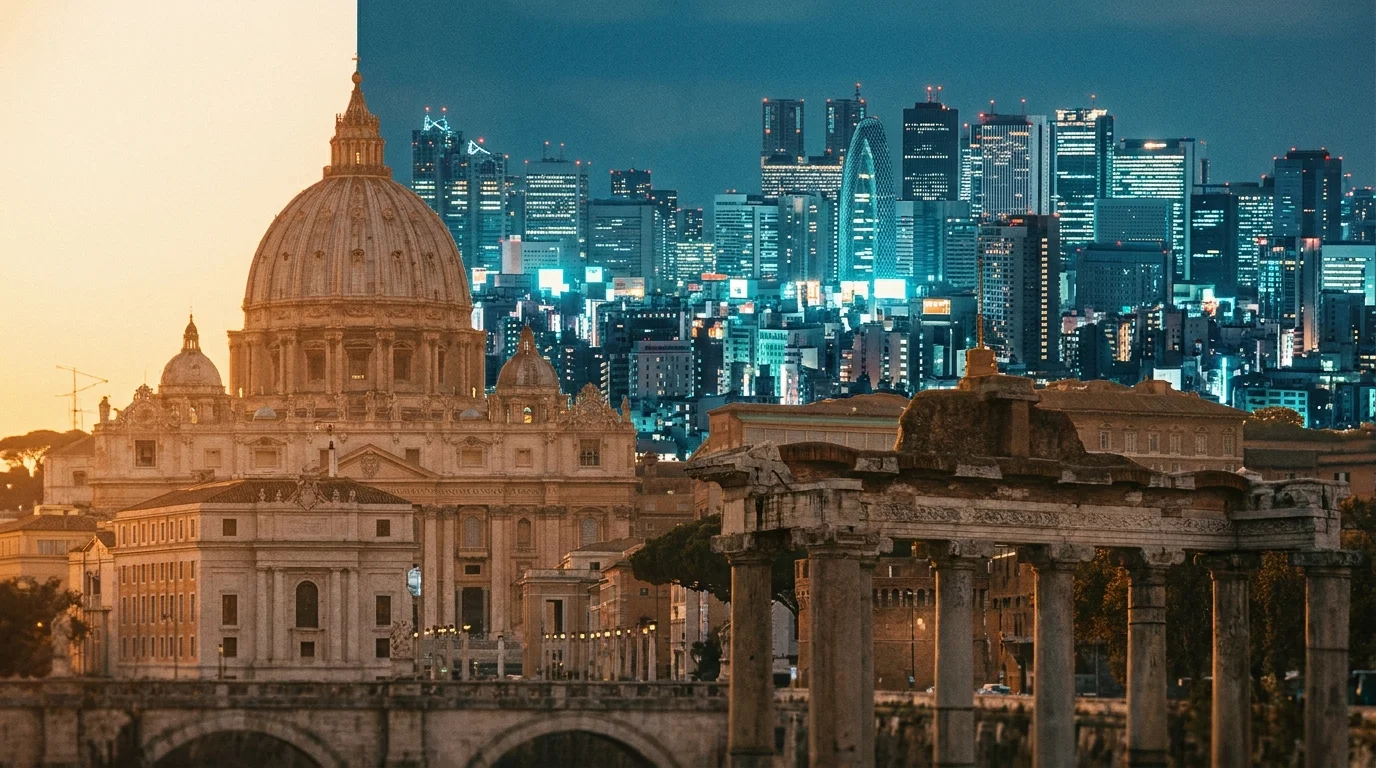 Roman classical architecture with the Colosseum silhouette merged against a Tokyo neon grid backdrop — Europe and Japan sharing one frame for the EUR/JPY cross