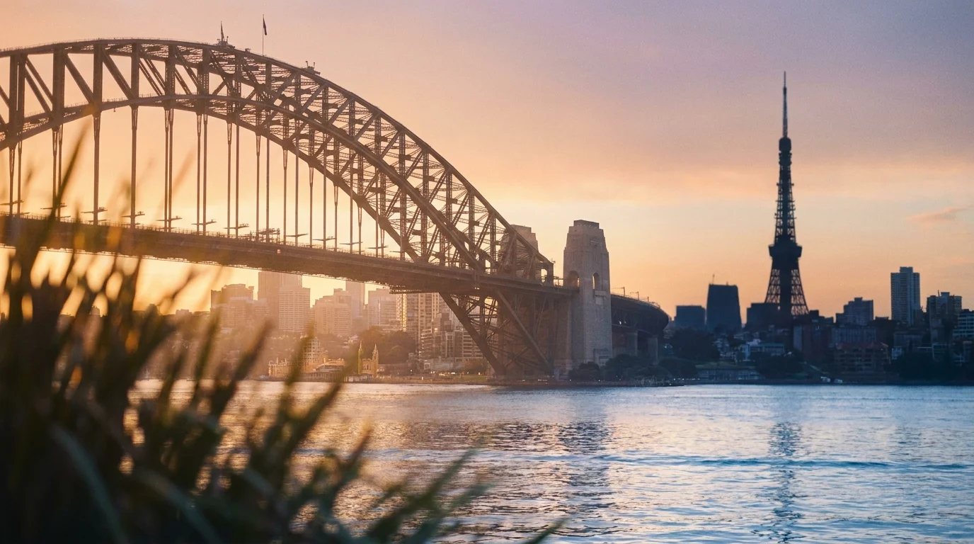Sydney Harbour Bridge silhouette at dawn with a pale Tokyo Tower ghosted into the morning sky — the Asia-Pacific risk thermometer pair AUD/JPY