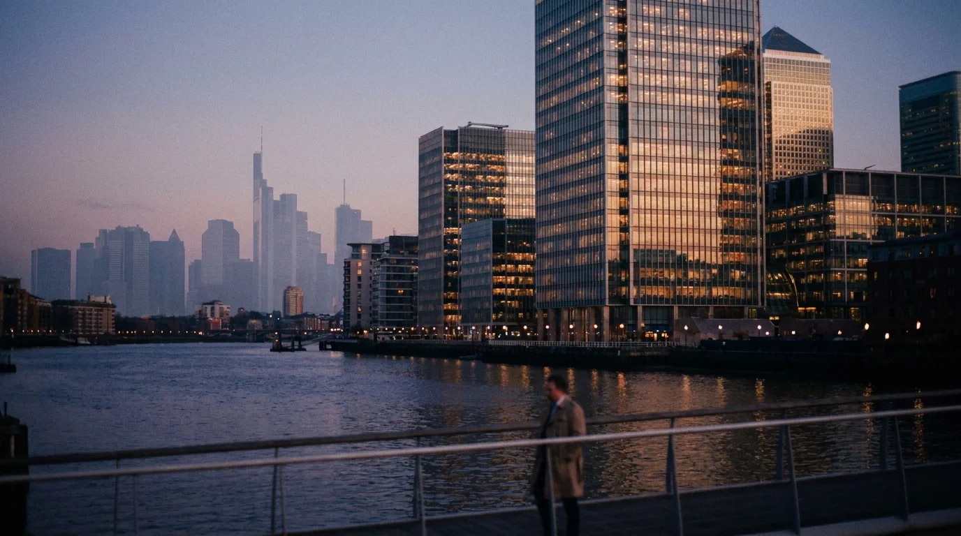 Canary Wharf and the Thames at dusk with a faintly ghosted Frankfurt skyline overlaid into the sky — the cross-channel EUR/GBP pair between London and Frankfurt