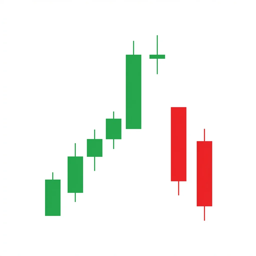Bearish abandoned baby candlestick pattern with a doji gapping above the first bullish candle and a bearish candle gapping below the doji, creating isolated price action