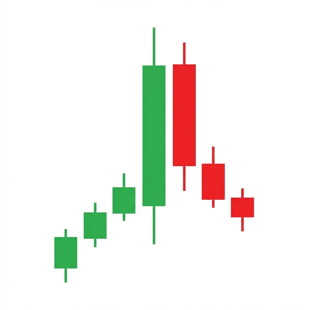 Dark cloud cover candlestick pattern with a bearish candle opening above the prior high and closing below the midpoint of the previous bullish candle