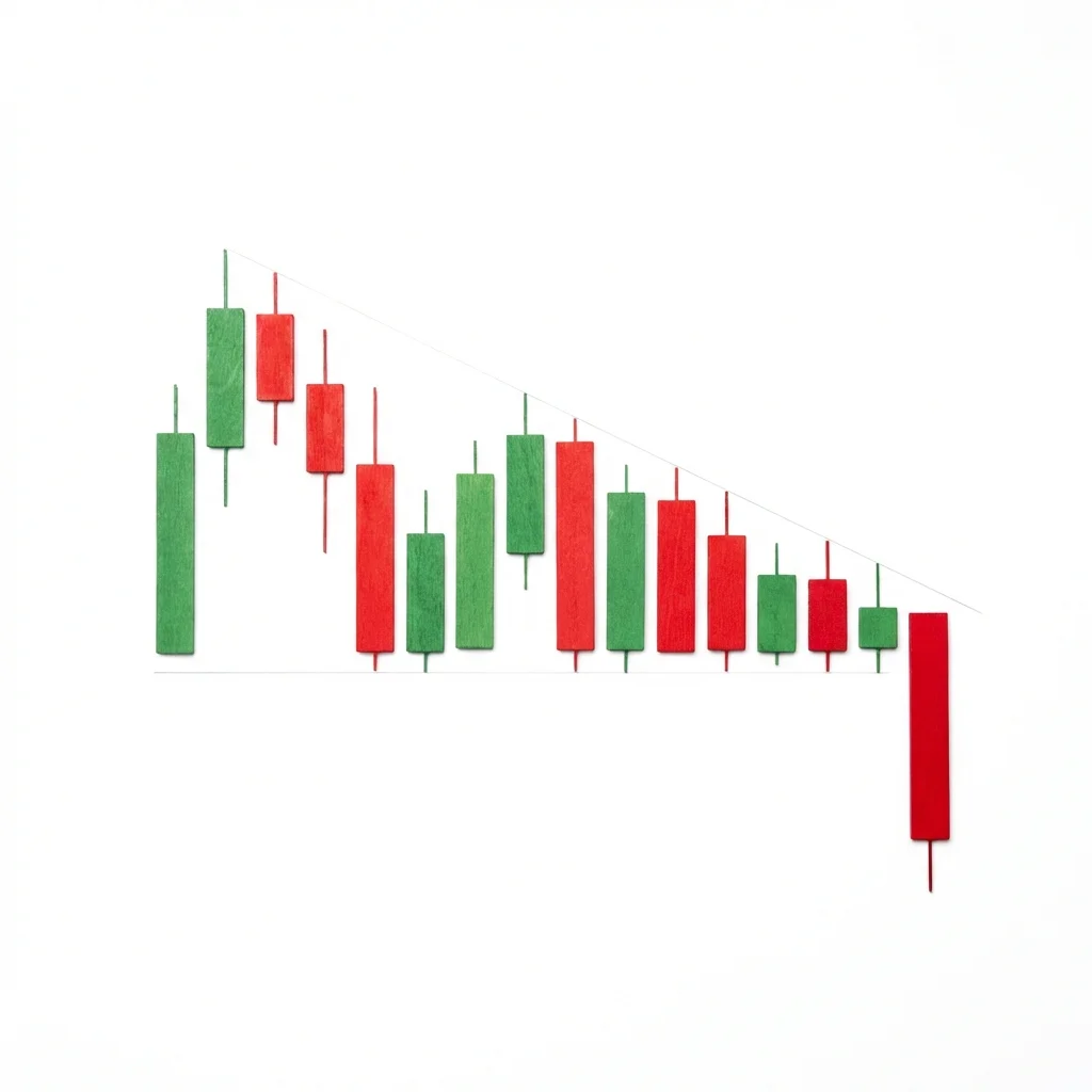Descending triangle chart pattern with a flat horizontal support level and falling upper trendline showing lower highs before a downside breakdown