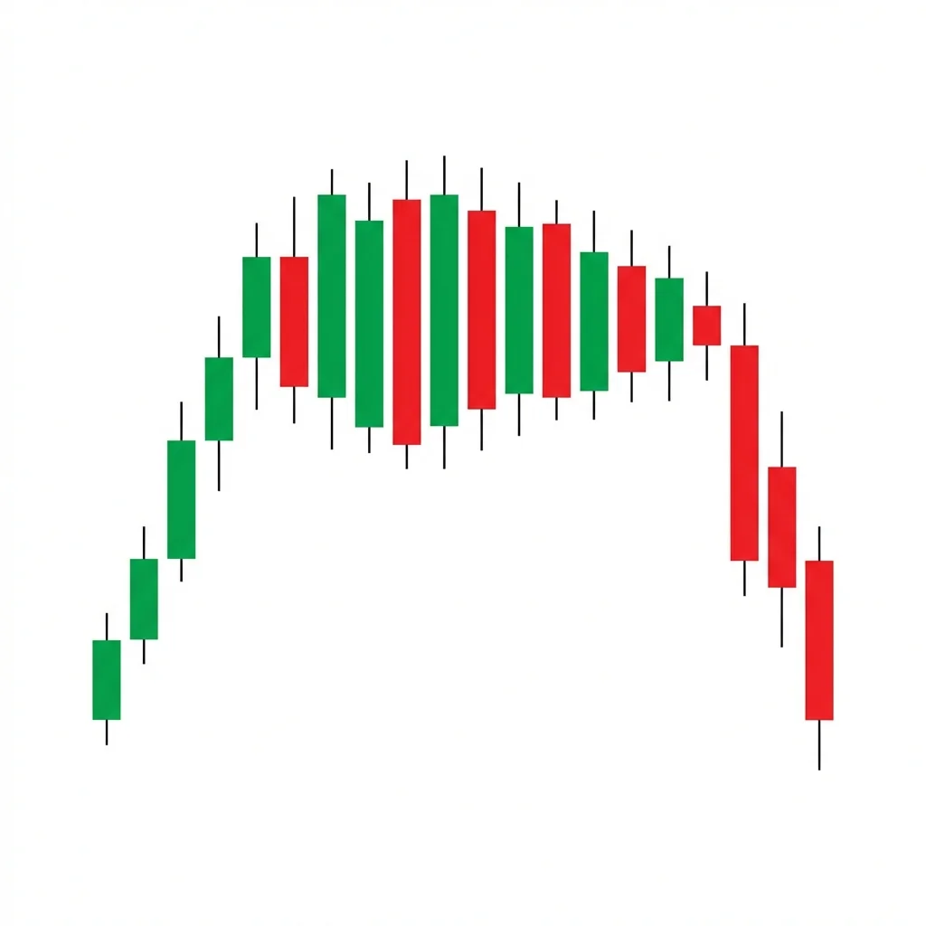 Wyckoff bearish distribution schematic showing buying climax, automatic reaction, secondary test, upthrust, sign of weakness, and last point of supply before markdown phase