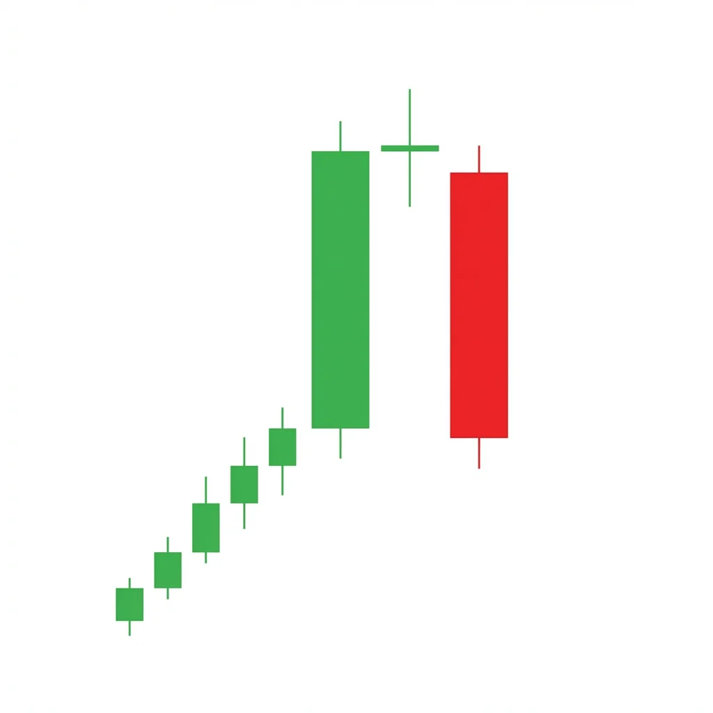 Evening doji star candlestick pattern showing a bullish candle, a doji with nearly equal open and close gapping up, and a bearish candle confirming the reversal