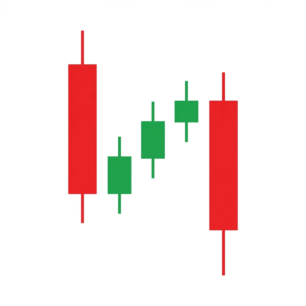 Falling three methods bearish continuation pattern showing a strong bearish candle followed by three small bullish candles and a final bearish breakdown candle