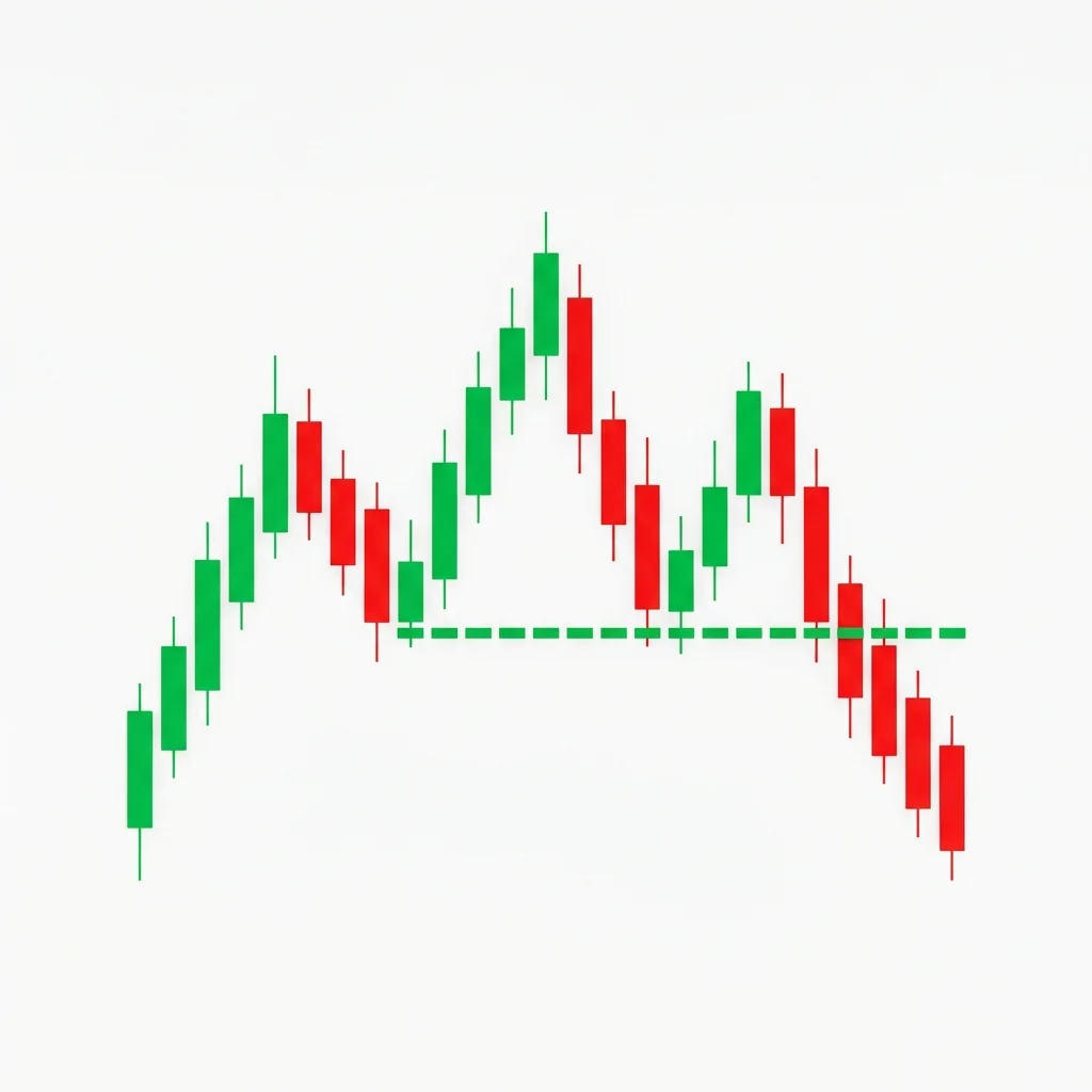 Head and shoulders bearish reversal pattern with left shoulder, head, and right shoulder peaks, neckline support, and projected measured move target