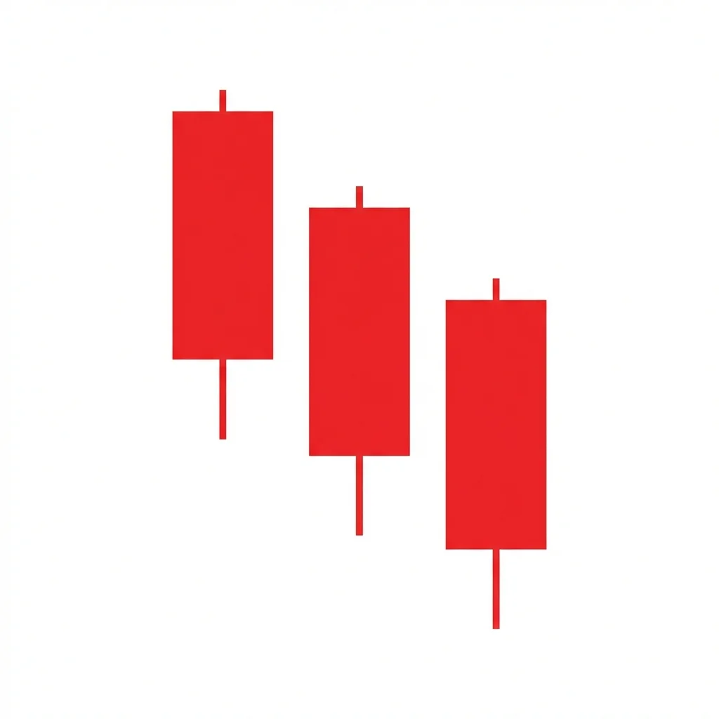 Identical Three Crows bearish pattern showing three consecutive bearish candles where each opens at or very near the previous candle close, creating a staircase decline
