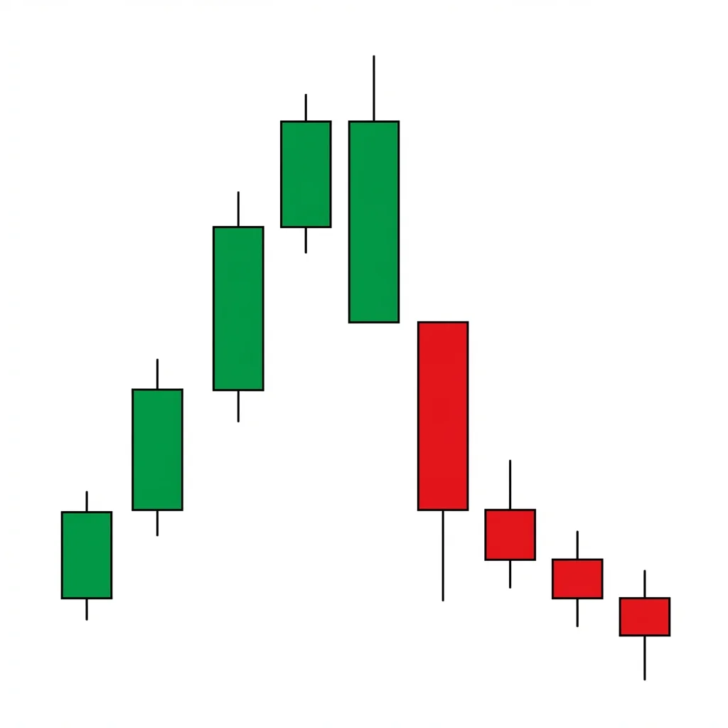 Bearish kicker candlestick pattern with a gap down opening at or below the prior bullish candle open, followed by sustained selling throughout the session