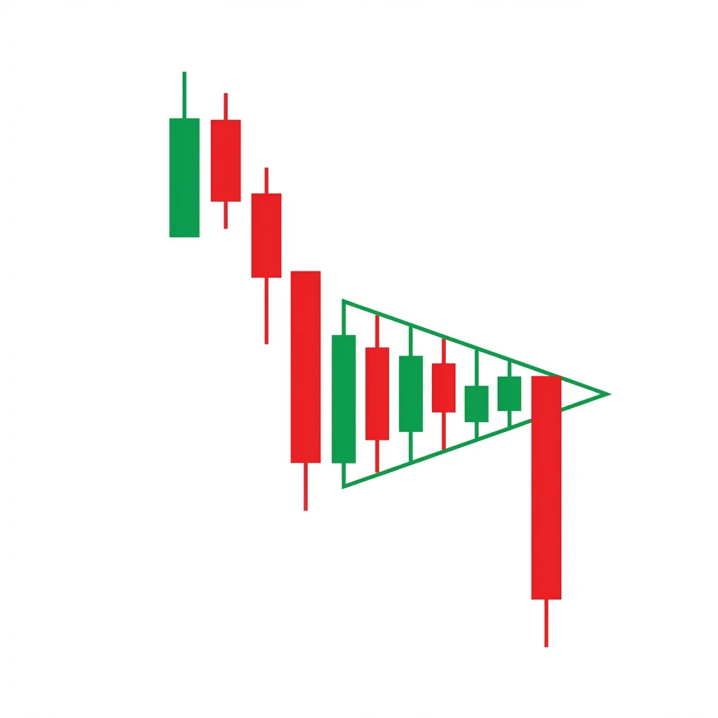 Bearish pennant chart pattern with a sharp decline followed by converging trendlines forming a small triangle before breaking lower